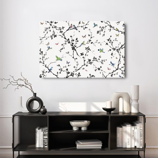 Quadro su tela – Uccelli e farfalle sui rami