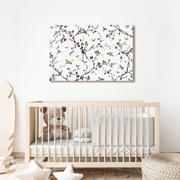 Quadro su tela – Uccelli e farfalle sui rami