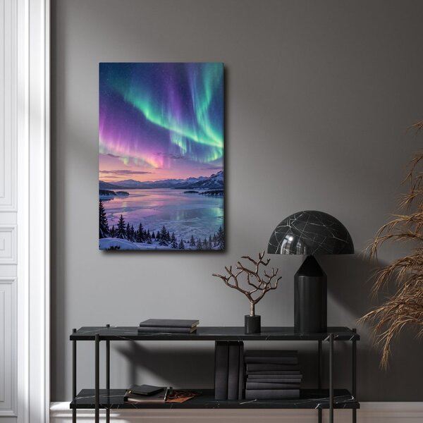 Quadro su tela – Aurora boreale colorata sul lago