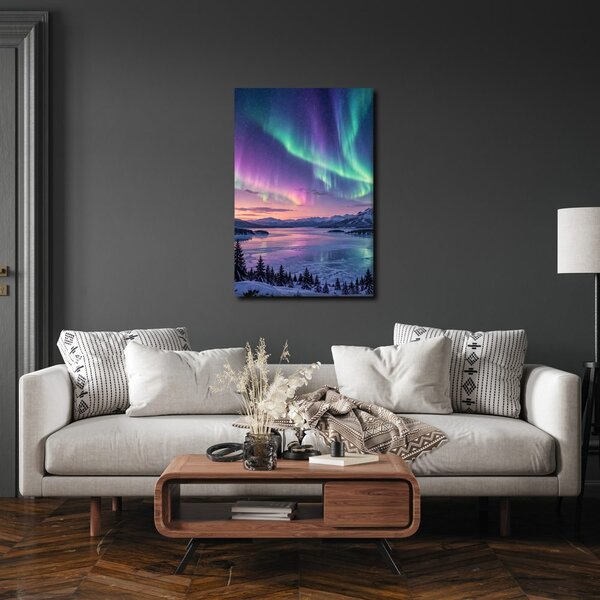 Quadro su tela – Aurora boreale colorata sul lago