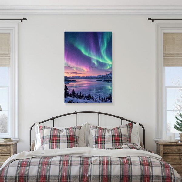 Quadro su tela – Aurora boreale colorata sul lago