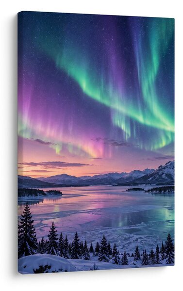 Quadro su tela – Aurora boreale colorata sul lago