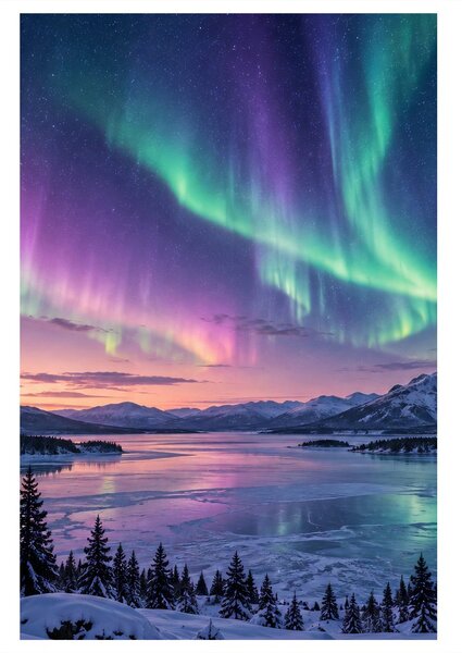 Quadro su tela – Aurora boreale colorata sul lago