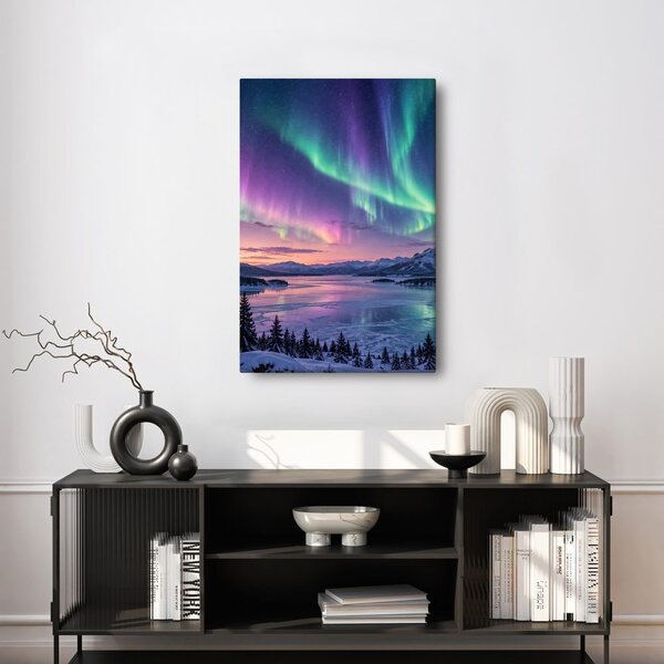 Quadro su tela – Aurora boreale colorata sul lago