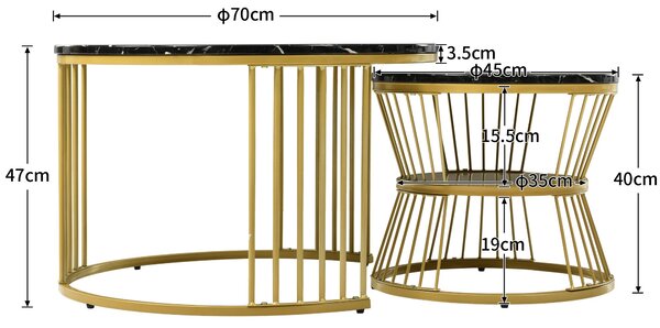 Set di 2 Tavolini da Salotto Moderni a Incastro, in Finitura Effetto Marmo e Struttura Metallica Dorata, Dimensioni 70x70x47 cm e 45x45x40 cm, Nero