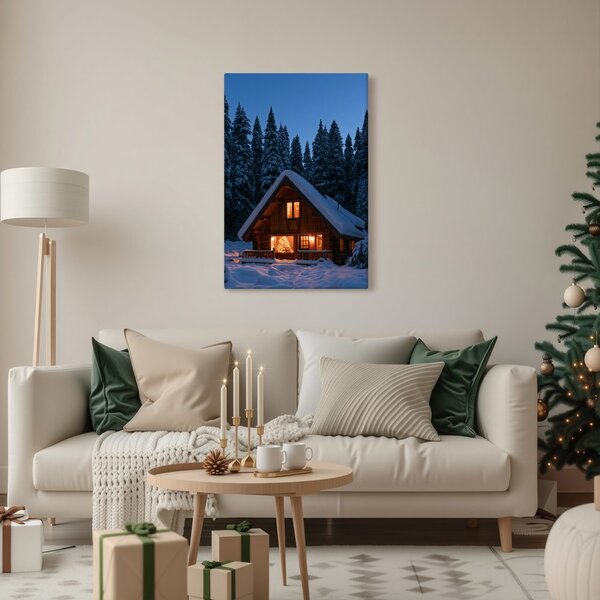 Quadro su tela – Baita di montagna innevata al tramonto