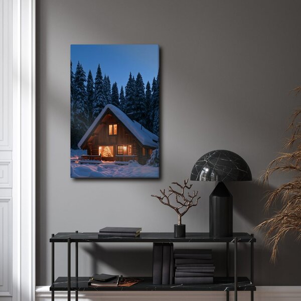 Quadro su tela – Baita di montagna innevata al tramonto