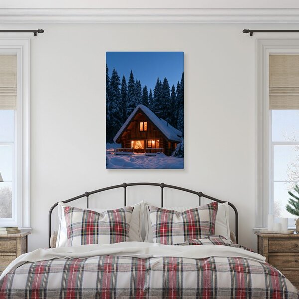 Quadro su tela – Baita di montagna innevata al tramonto