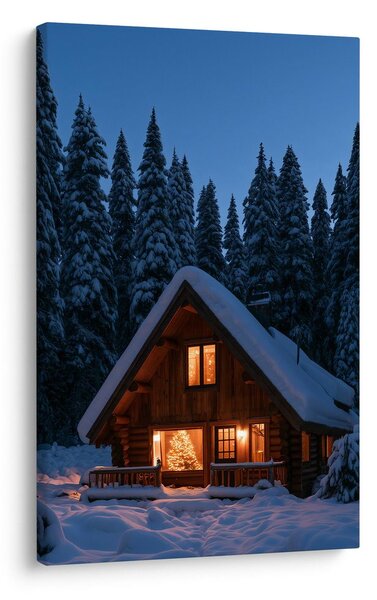 Quadro su tela – Baita di montagna innevata al tramonto