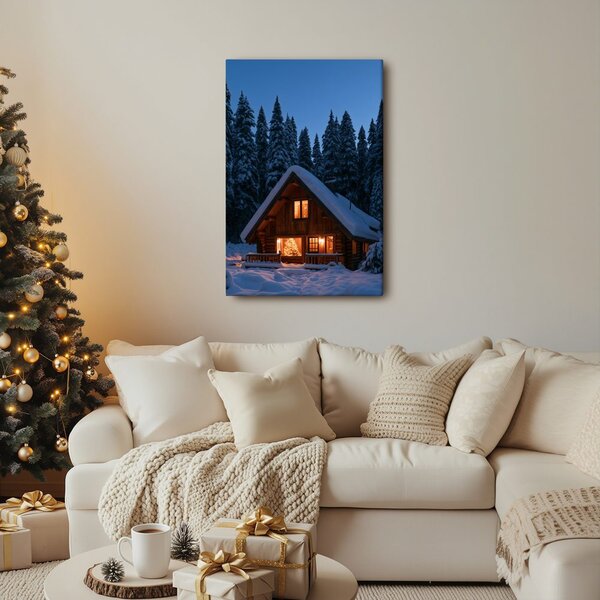 Quadro su tela – Baita di montagna innevata al tramonto