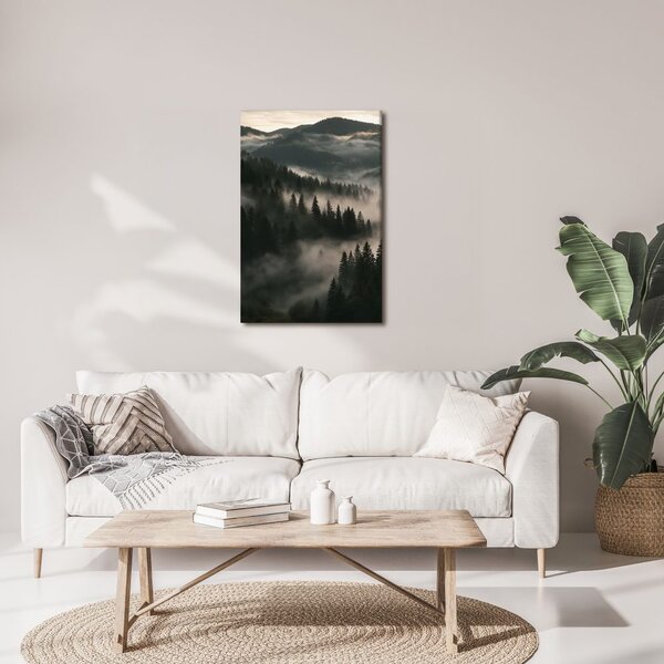 Quadro su tela – Silenziosa foresta di conifere nella nebbia
