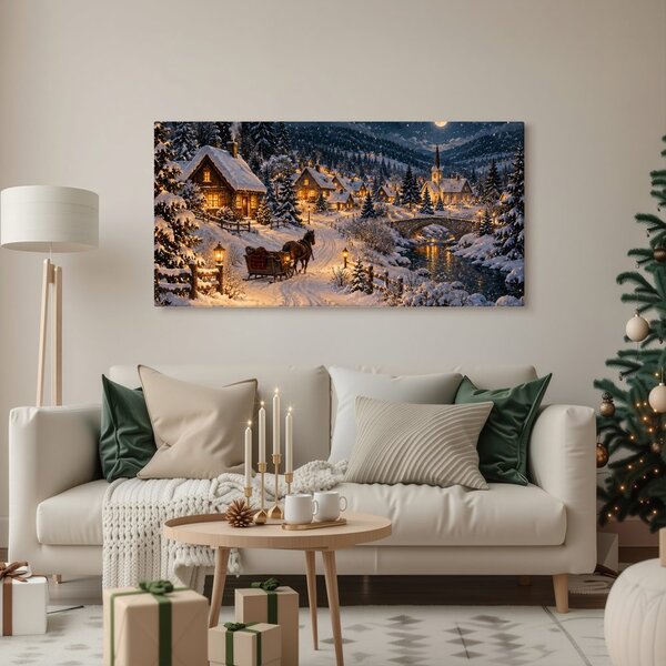Quadro su tela – Villaggio di montagna innevato di notte