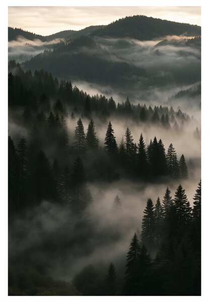 Quadro su tela – Silenziosa foresta di conifere nella nebbia
