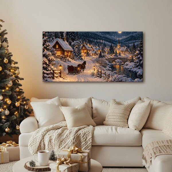 Quadro su tela – Villaggio di montagna innevato di notte