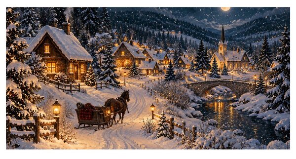 Quadro su tela – Villaggio di montagna innevato di notte