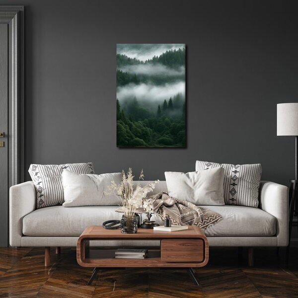 Quadro su tela – Silenziosa foresta di conifere nella nebbia
