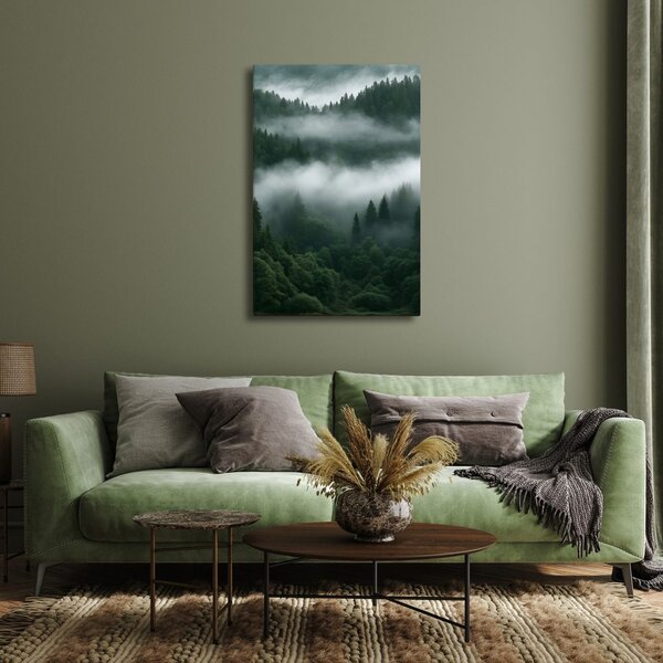 Quadro su tela – Silenziosa foresta di conifere nella nebbia