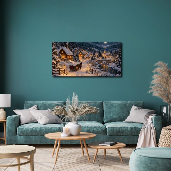 Quadro su tela – Villaggio di montagna innevato di notte