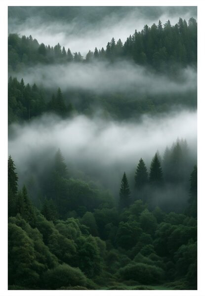 Quadro su tela – Silenziosa foresta di conifere nella nebbia