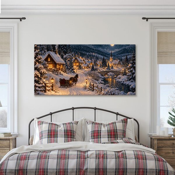 Quadro su tela – Villaggio di montagna innevato di notte