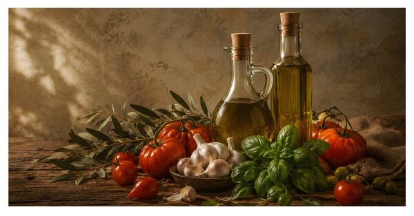 Quadro su tela – Composizione rustica di pomodori e basilico