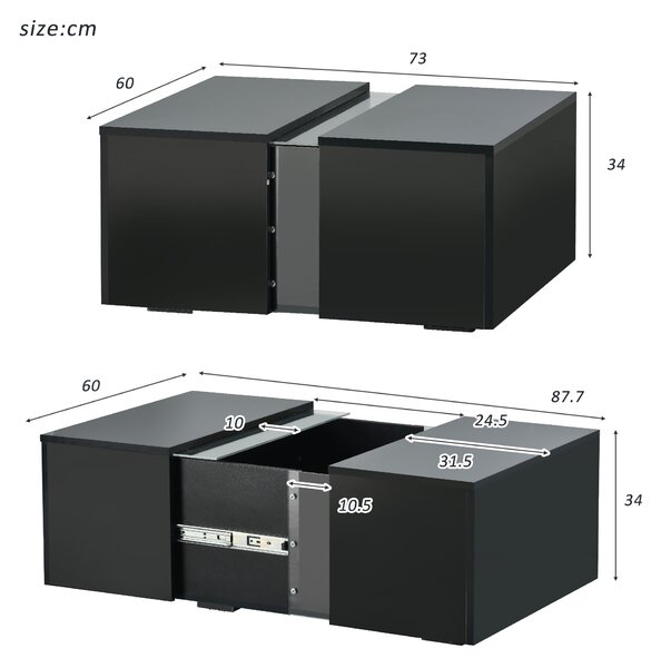 Tavolino da Salotto Moderno con Luci LED 16 Colori, Telecomando e Comparto Nascosto, 73x60x34 cm, Nero