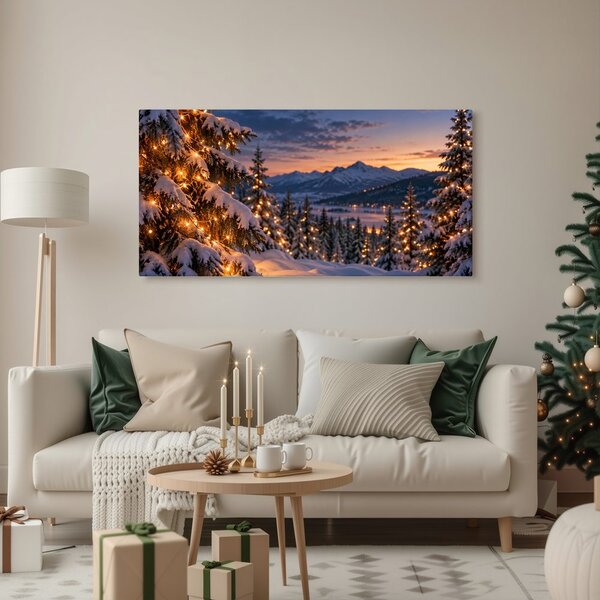 Quadro su tela – Abeti innevati al crepuscolo