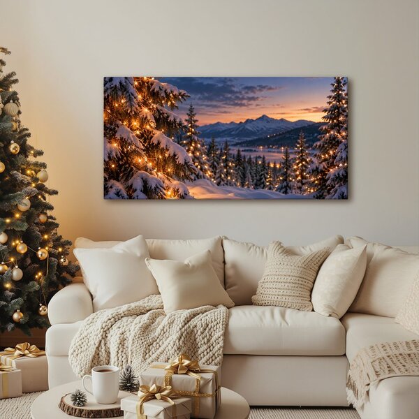Quadro su tela – Abeti innevati al crepuscolo
