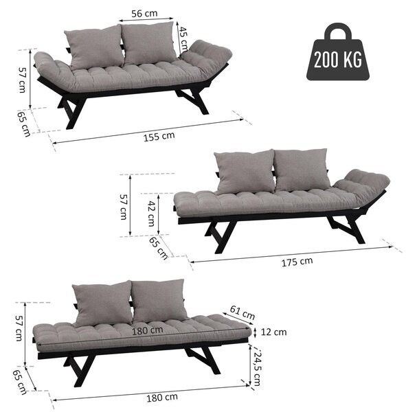 Divano Letto Chaise Longue 3 Posizioni 155x65x57 cm in Acciaio e Tessuto Lino Grigio