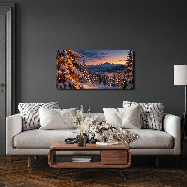 Quadro su tela – Abeti innevati al crepuscolo