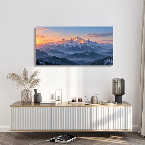 Quadro su tela – Vette innevate nella foschia mattutina