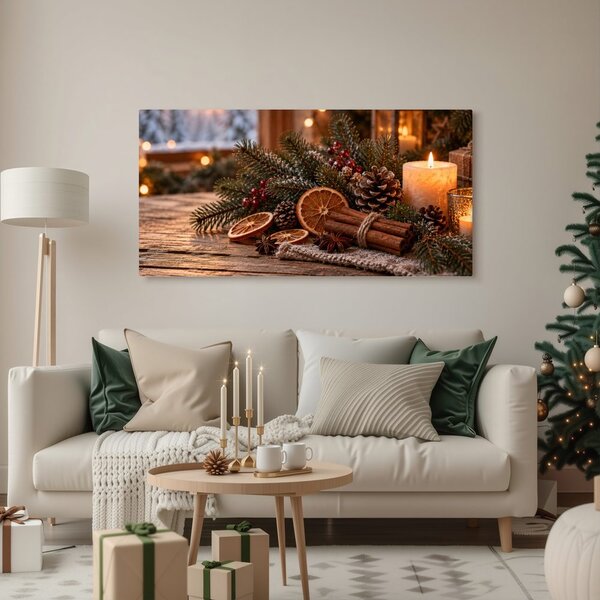 Quadro su tela – Accogliente decorazione dell’Avvento con pigne