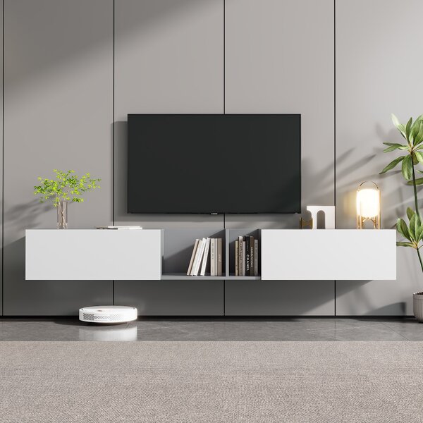 Mobiletto Porta TV Sospeso Extra-Large con 2 Ante e 2 Ripiani Aperti, Sistema Push-to-Open, Supporta TV fino a 90 Pollici, 220x35x30 cm, Bianco