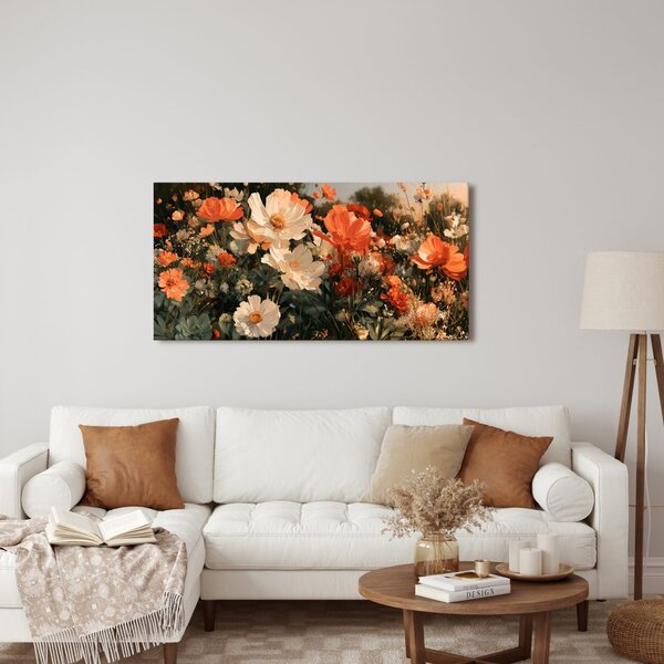 Quadro su tela – Fiori arancio e bianchi al crepuscolo