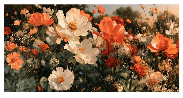 Quadro su tela – Fiori arancio e bianchi al crepuscolo