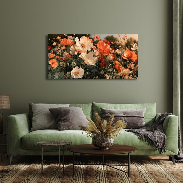 Quadro su tela – Fiori arancio e bianchi al crepuscolo