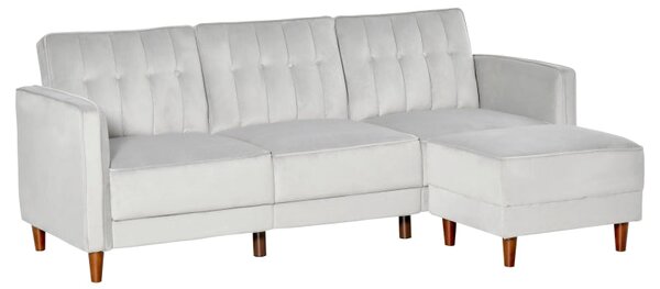 Divano Letto Angolare 218x110x66 cm con Penisola in Legno e Tessuto Grigio Chiaro