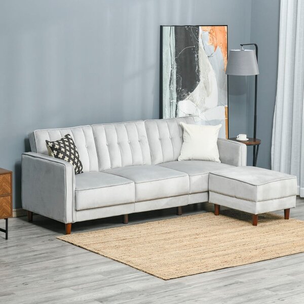 Divano Letto Angolare 218x110x66 cm con Penisola in Legno e Tessuto Grigio Chiaro