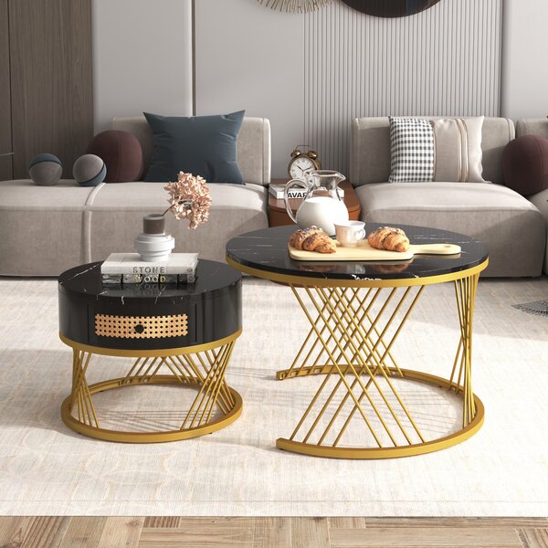Tavolino rotondo 62 cm in metallo nero e oro con top in vetro - Yesmor