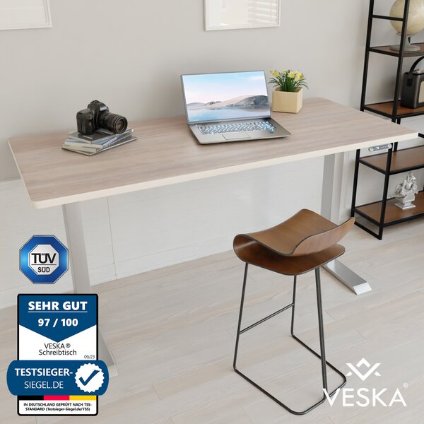 Scrivania regolabile in altezza (140 x 70 cm) - Scrivania per lavorare seduti o in piedi - Scrivania da ufficio regolabile elettricamente in altezza con touchscreen e gambe in acciaio - Argento/Rovere