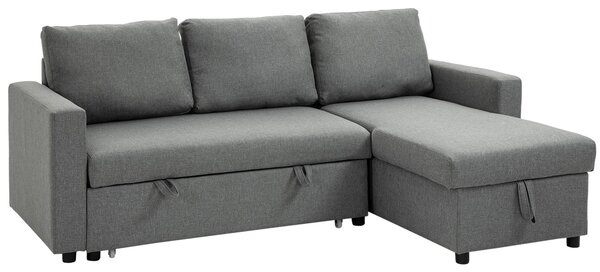 Divano Letto 3 Posti con Chaise Longue Contenitore 211,5x146x85 cm in Tessuto Effetto Lino Grigio
