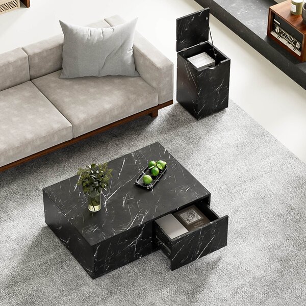 Set di 2 tavolini bassi impilabili, aspetto marmo e piano in vetro, accenti dorati, con 1 cassetto, 60x60x45cm+50x50x34cm, nero
