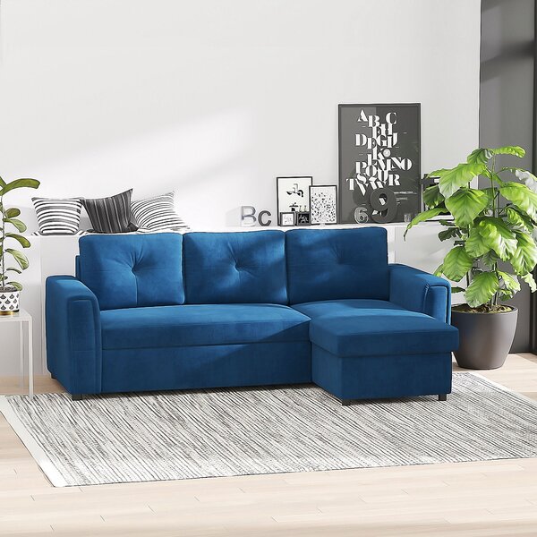 Divano Letto 3 Posti con Chaise Longue Contenitore 232x141x85 cm in Tessuto Effetto Lino Blu