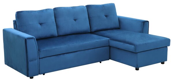 Divano Letto 3 Posti con Chaise Longue Contenitore 232x141x85 cm in Tessuto Effetto Lino Blu