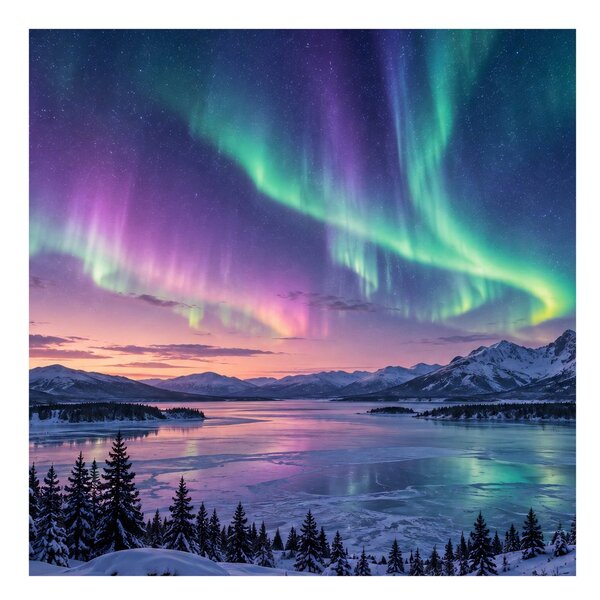 Quadro su tela – Paesaggio invernale sotto l’aurora boreale