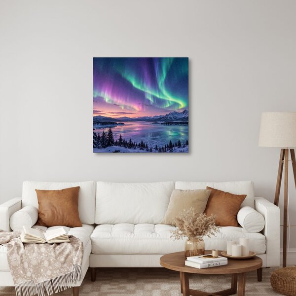 Quadro su tela – Paesaggio invernale sotto l’aurora boreale