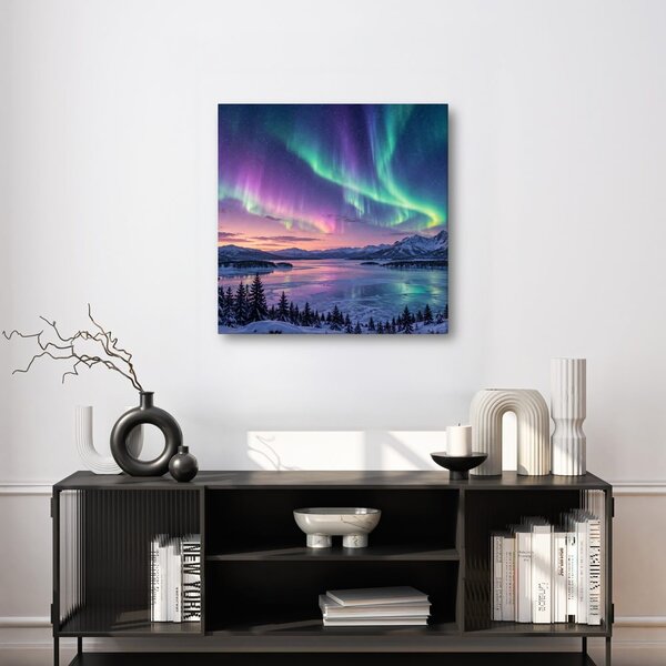 Quadro su tela – Paesaggio invernale sotto l’aurora boreale