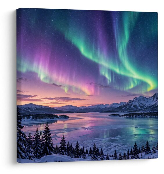 Quadro su tela – Paesaggio invernale sotto l’aurora boreale
