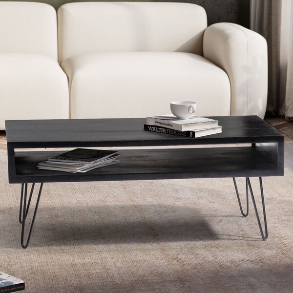 FineBuy tavolino da caffè in legno massiccio di mango nero 100x50 cm - tavolo da soggiorno rettangolare con ripiano - tavolo in legno massiccio gambe a forcina design industriale