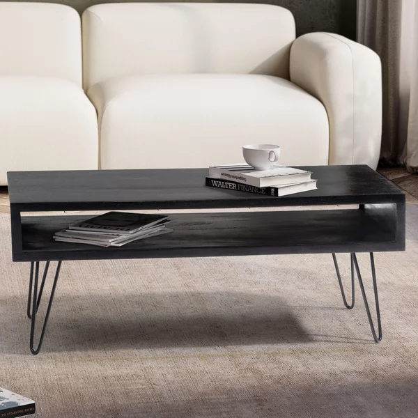 WOHNLING tavolino 100x50x40 cm mango legno massiccio metallo nero tavolo divano tavolo soggiorno rettangolare con spazio di archiviazione tavolo da caffè solido grande tavolo